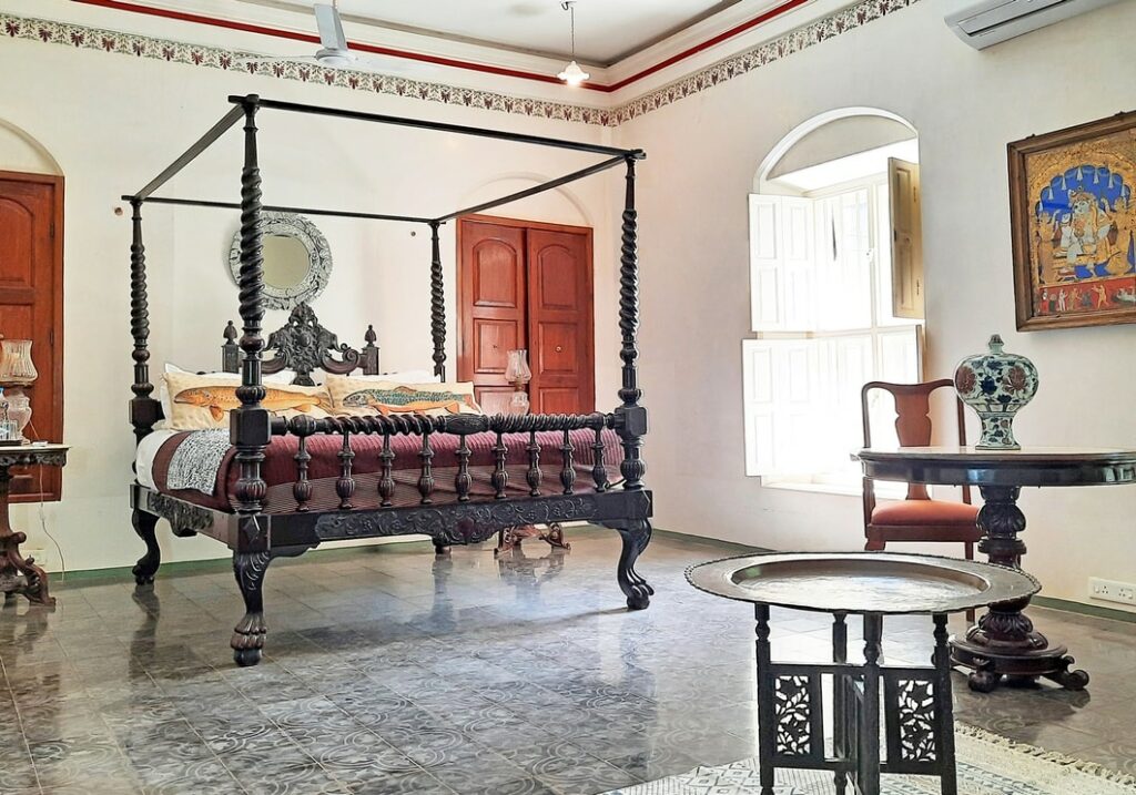 Spacious heritage Master's chamber room at Saratha Vilas in Chettinad, Tamil Nadu