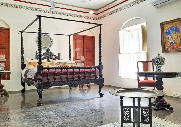 Spacious heritage Master's chamber room at Saratha Vilas in Chettinad, Tamil Nadu