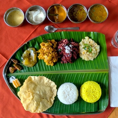 traditional Chettinad meal served at Saratha Vilas